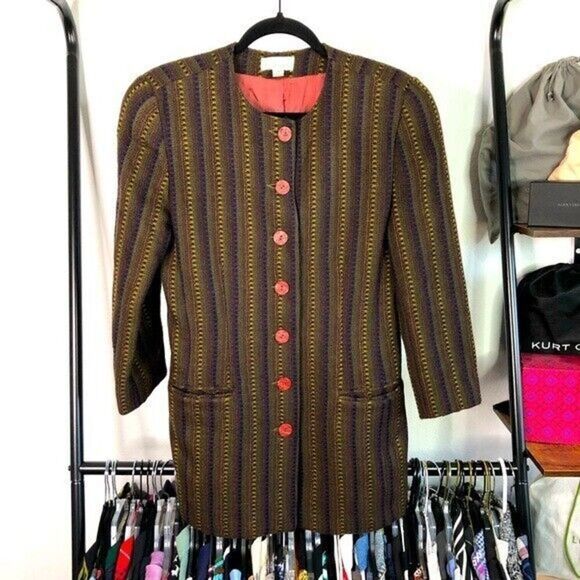 Vintage 90s Henri Bendel Striped 100% Wool Button Up Long Jacket - Picture 1 of 9